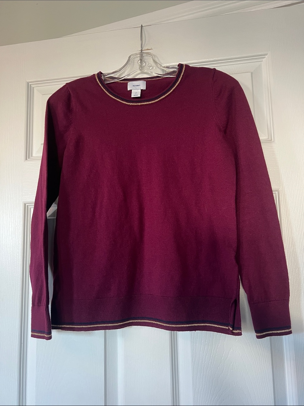 Old Navy Burgundy Crewneck Sweater with Gold & Navy Trim